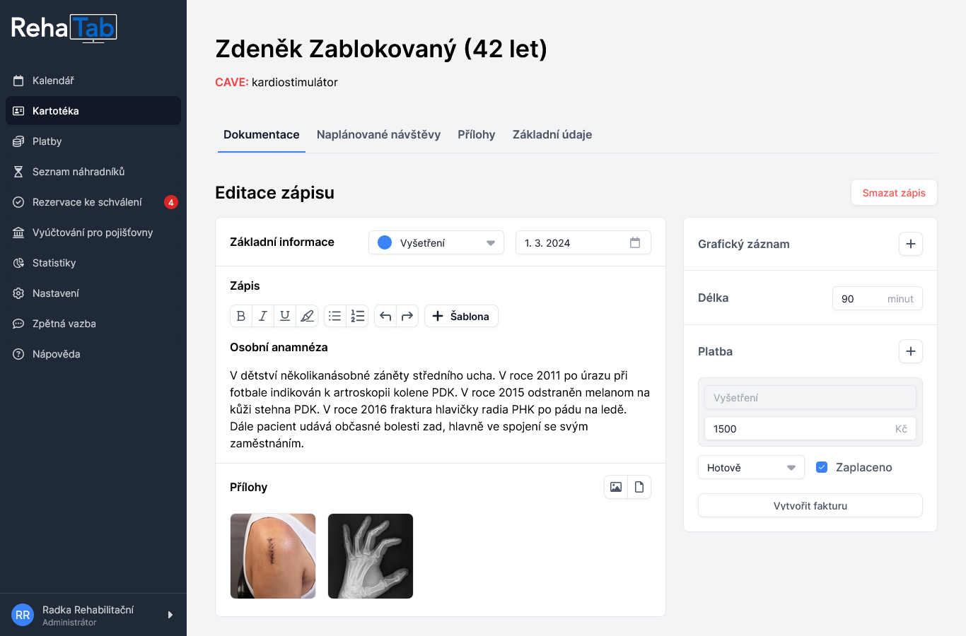 Náhled obrazovky karty pacienta
